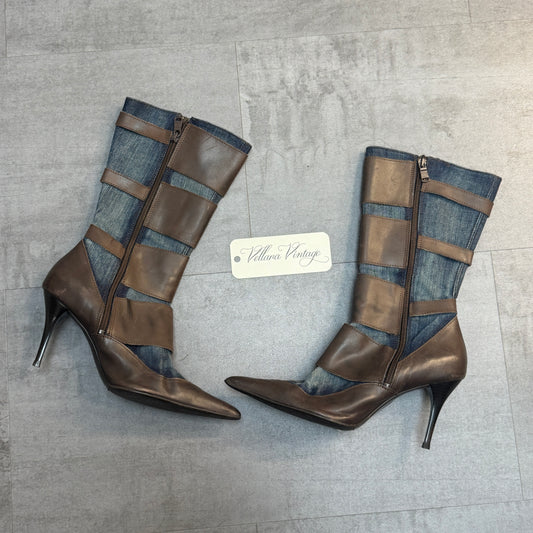 Brown Leather and Denim Buckle Stiletto Boots