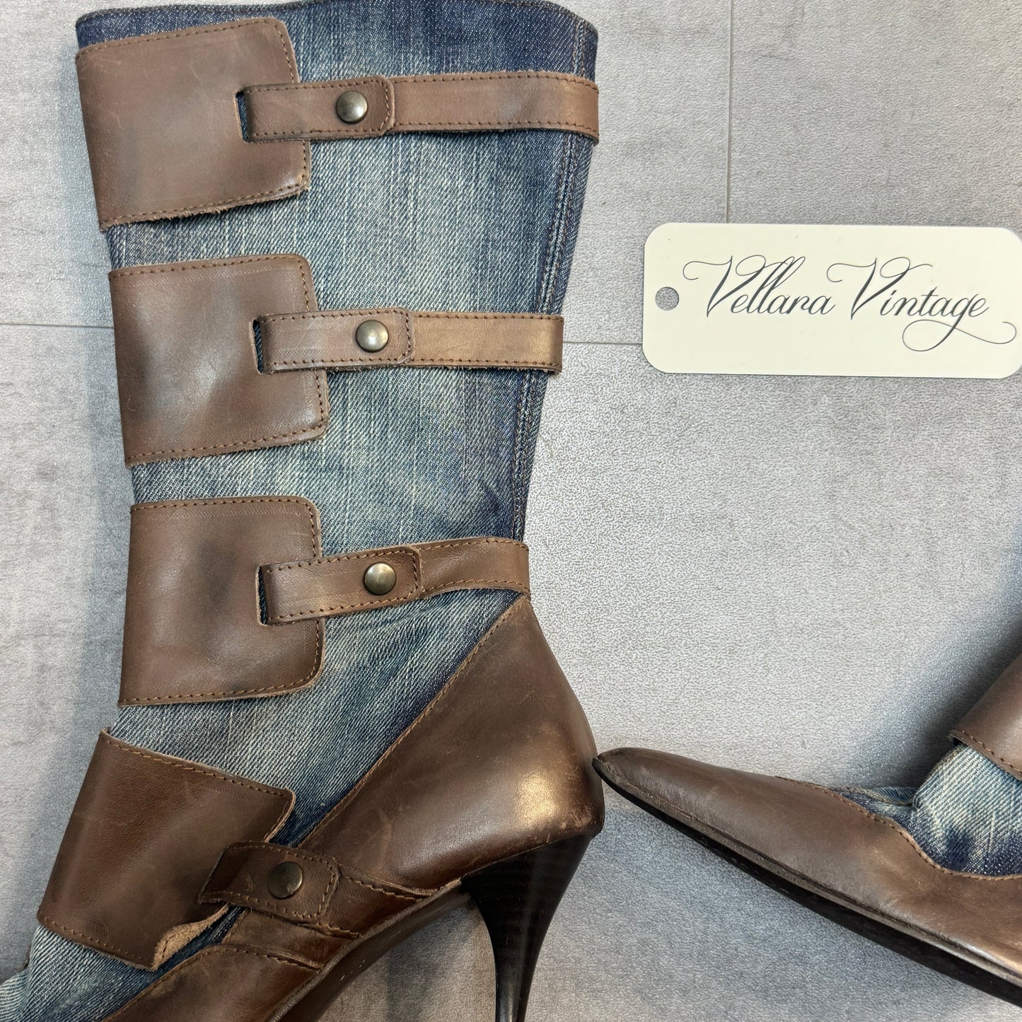 Brown Leather and Denim Buckle Stiletto Boots
