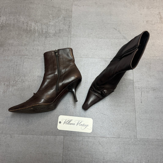 Prada Brown Leather Flower Ankle Boots
