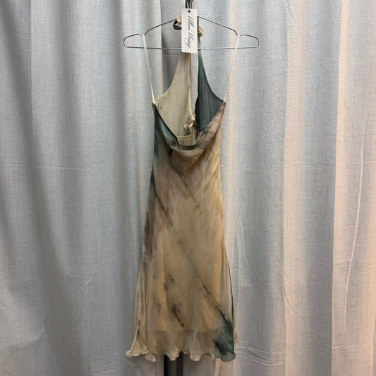 Beige and Teal 100% Silk Abstract Print Midi Dress