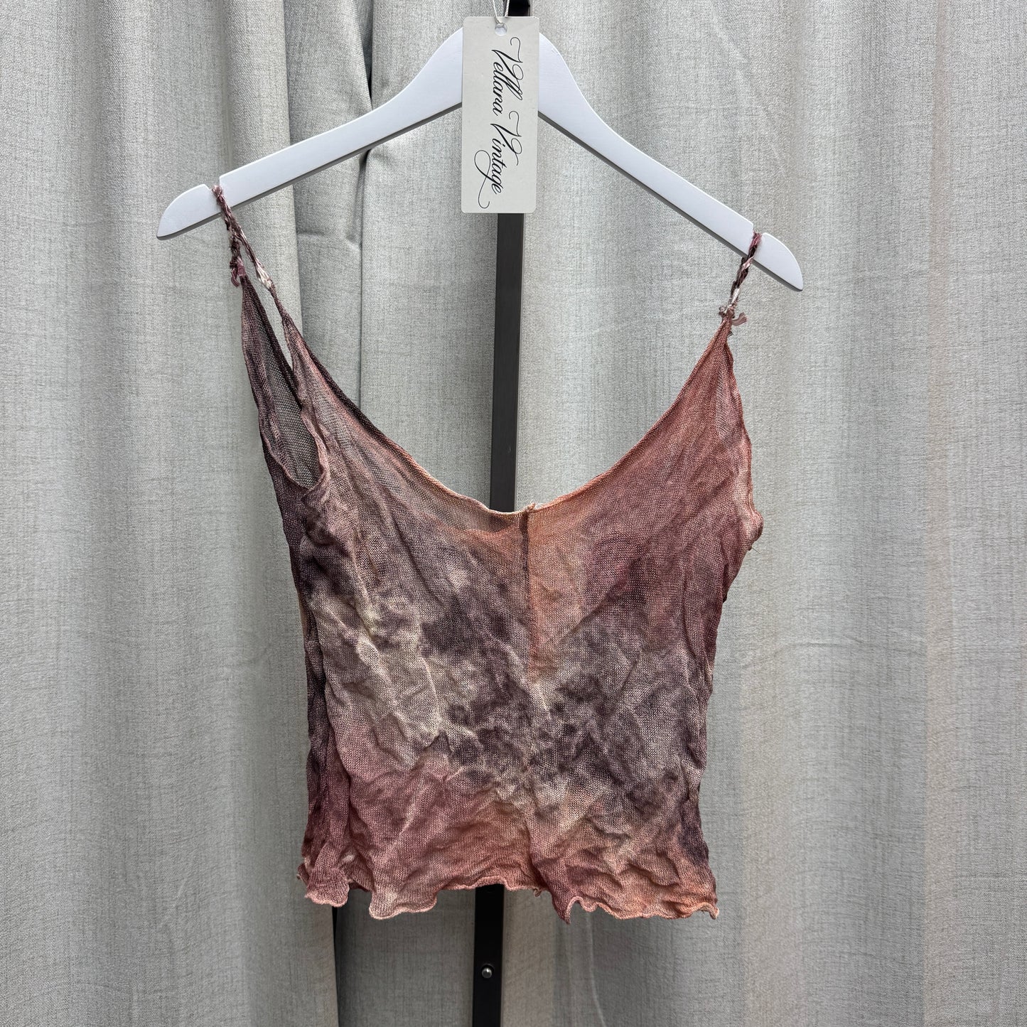 Pink & Purple Dyed Sheer Knit Tank Top w/ Floral Embroidery