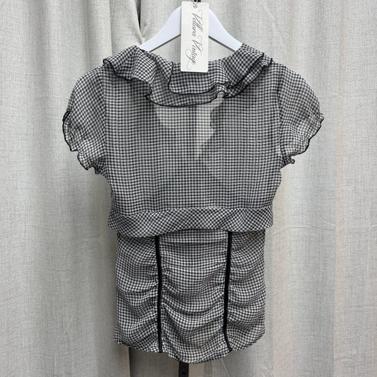 Gingham Ruffle Ruched Bow Detail V-Neck Short Sleeve Blouse