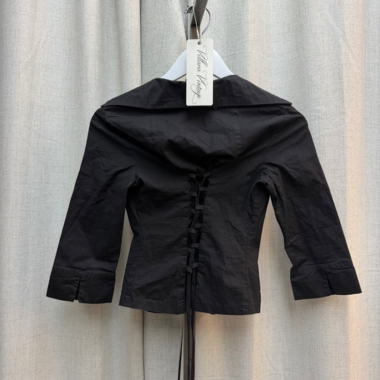 Black Collared Half Sleeve Lace Up Top