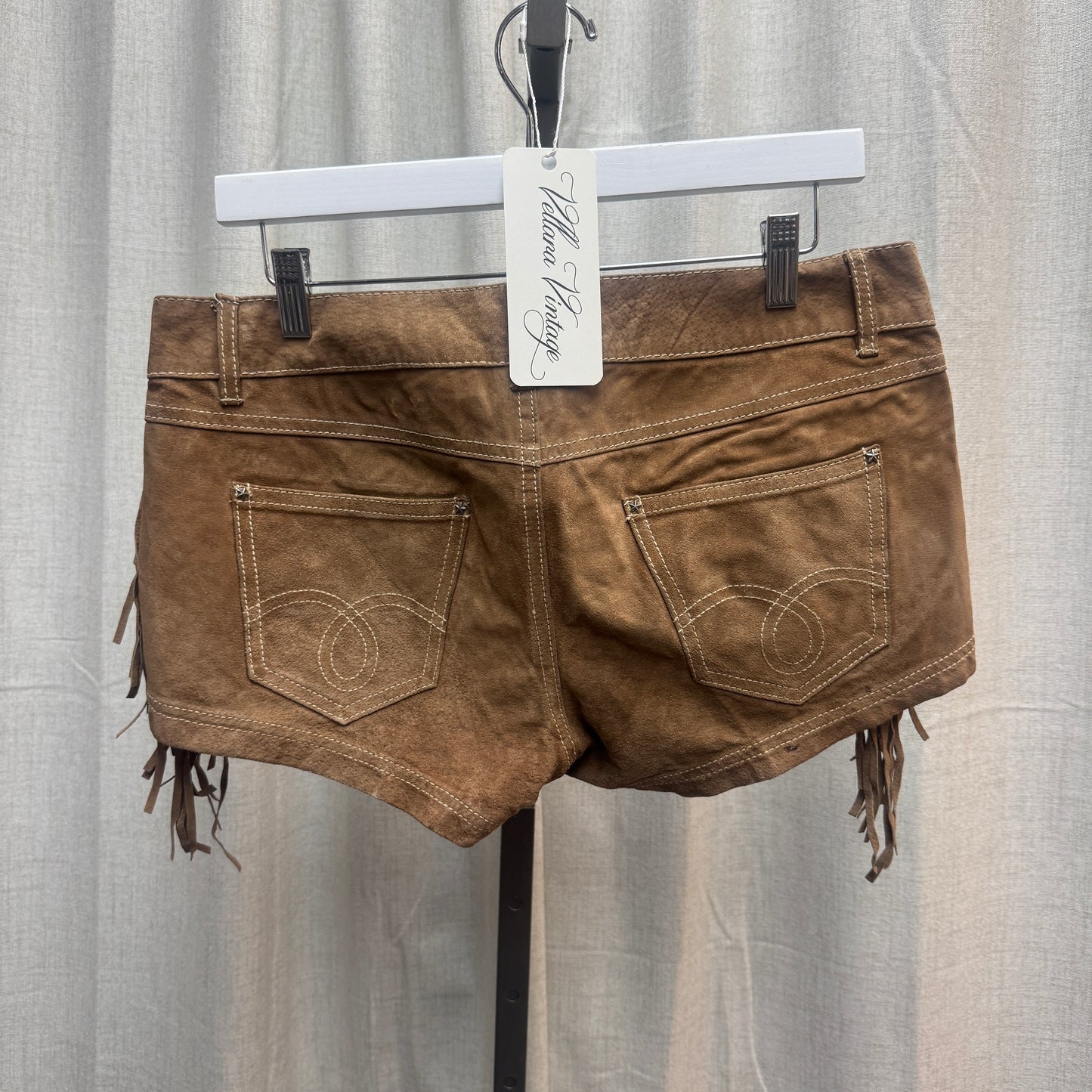Tan Western Suede Fringe Mini Shorts