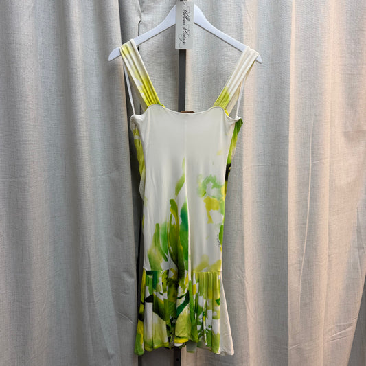 Roberto Cavalli White & Green Abstract Tree Print Drop Waist Midi Dress