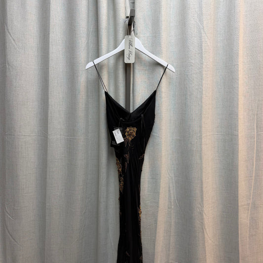 Black Silk & Orange/Brown Beads Floral Maxi Dress w/ Asymmetrical Hem