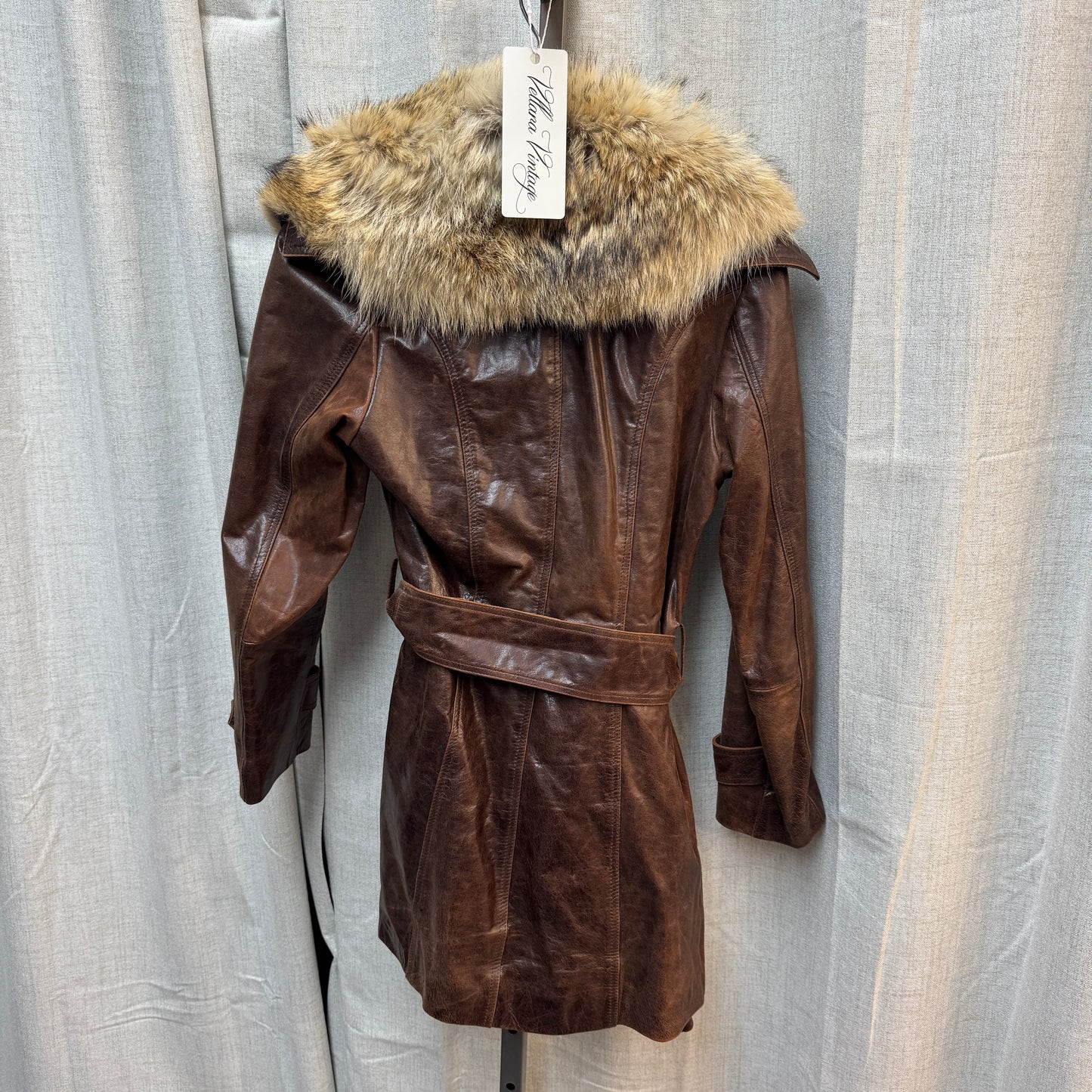 Long Brown Belted Leather Coat with Fur Lining