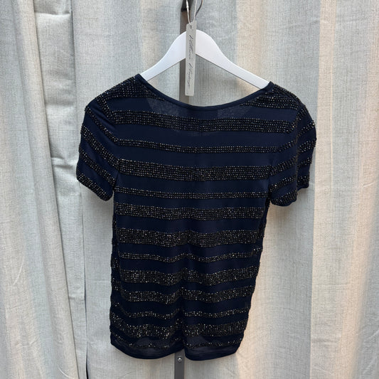 Navy and Black Short Sleeve Beaded Stripe Top