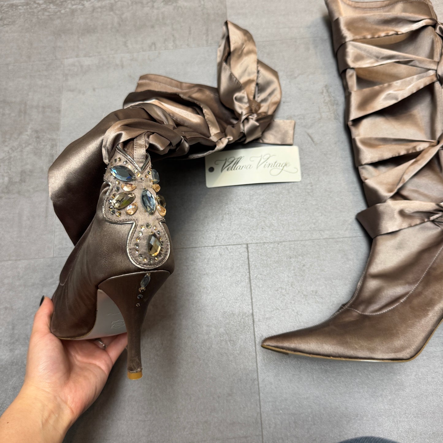 Taupe Satin Ribbon Lace Up Knee High Stiletto Boots