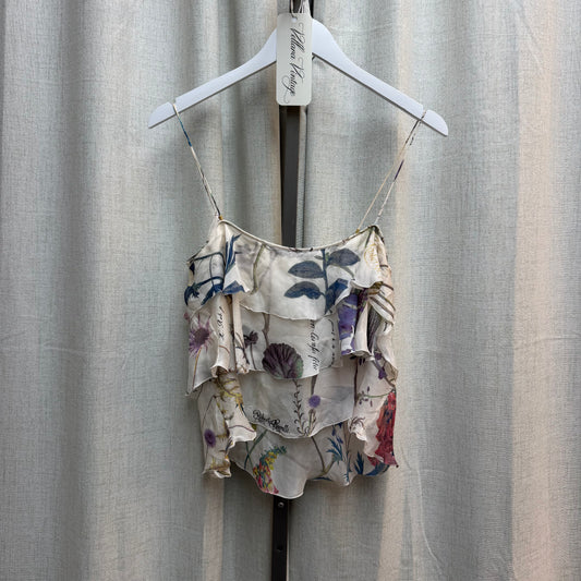 Roberto Cavalli 100% Silk Off White Floral Print Ruffled Top