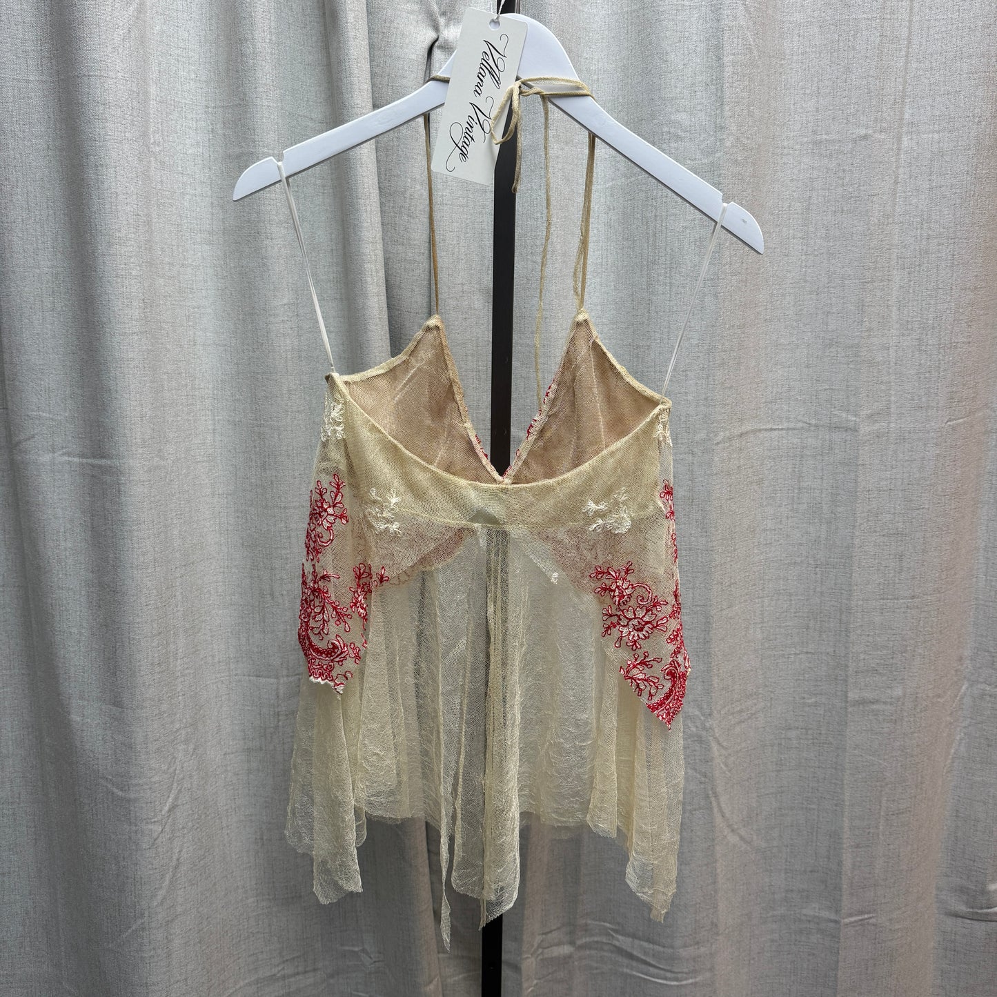 Sheer Red and Beige Floral Lace Embroidered Halter Tank Top