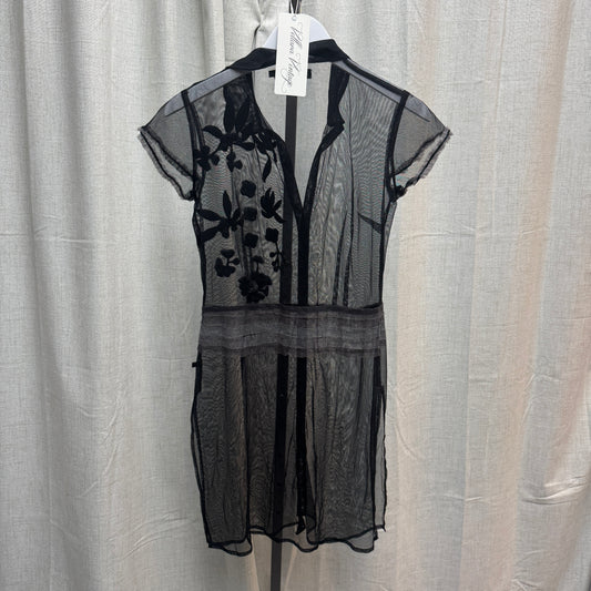 Black Sheer Floral Appliqué Shirt Dress
