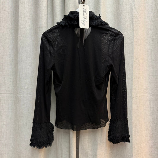 Black Mesh Long Sleeve with Frayed Tweed Collar & Placket