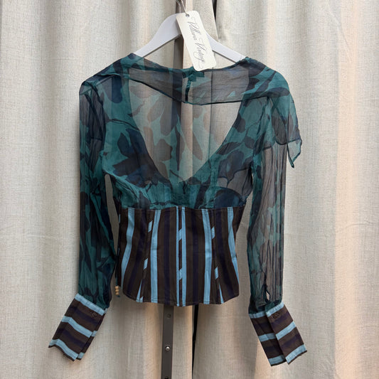 Adolfo Dominguez Teal Multicolored Silk Boned Corset Long Sleeve Top