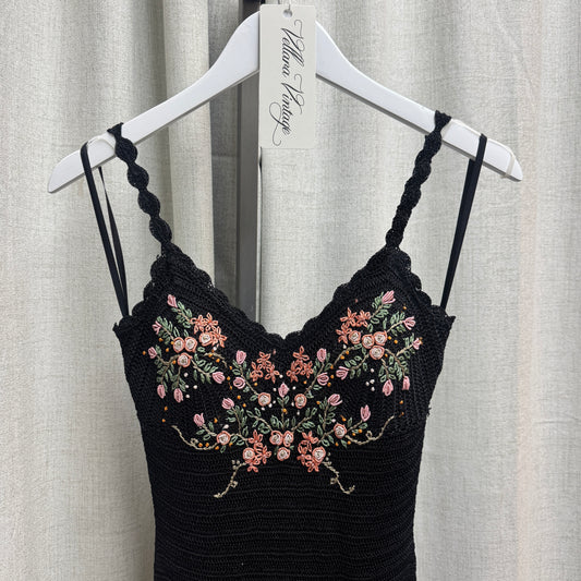 Black and Pink Floral Crochet Knee-Length Dress