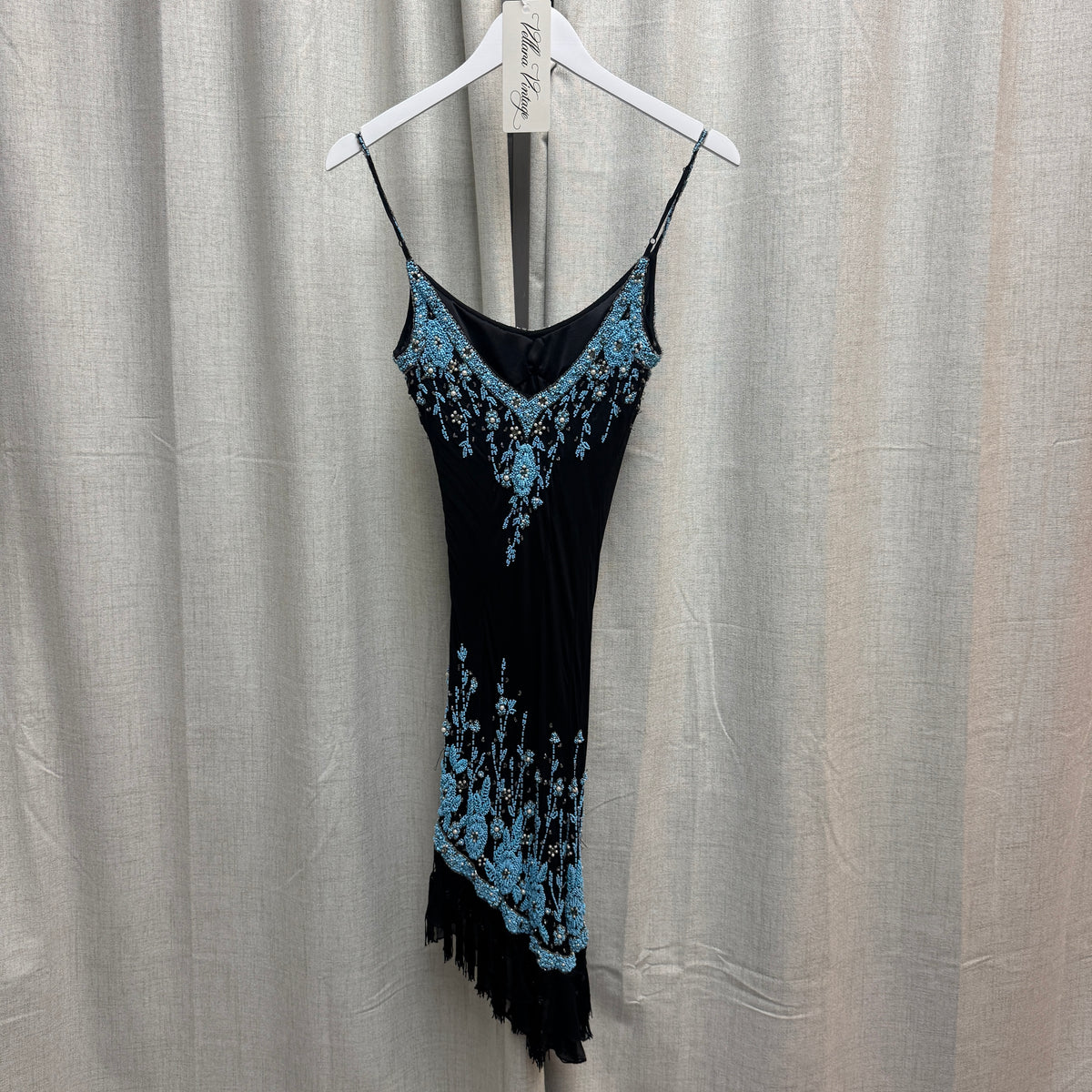 Blue and Black Silk Floral Beaded Asymmetrical Tassel Knee-Length Dress