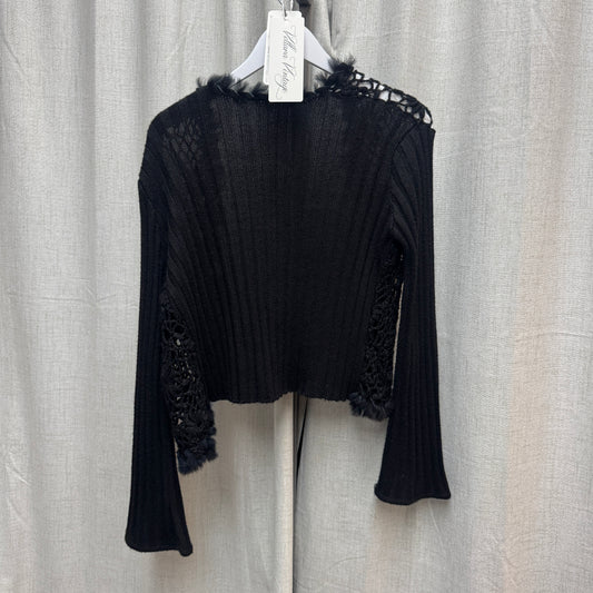 Black Open-knit Cardigan with Rabbit Fur Trim