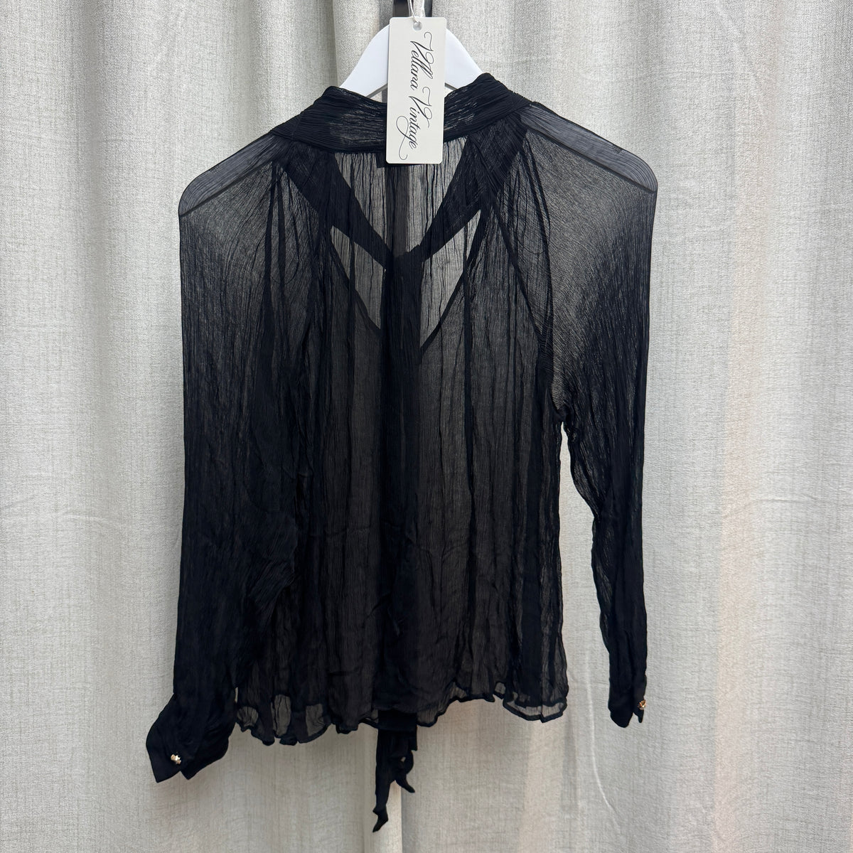 Black Sheer Silk Tie Neck Long Sleeve Blouse