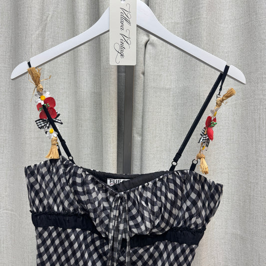 Fuego Gingham Tank Top w/ Floral Appliqué Straps