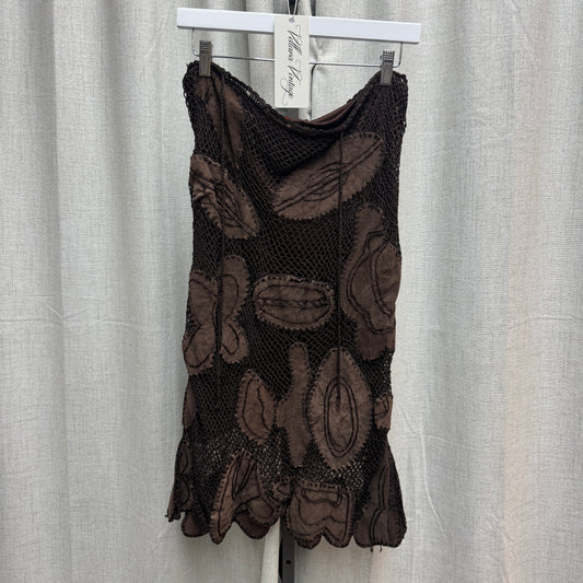 Derby Brown Leather Patchwork Crochet Skirt & Cardigan Set