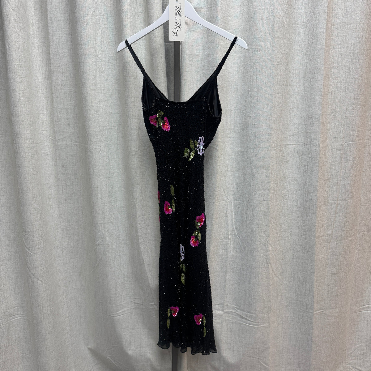 Aftershock Black Silk Beaded Rose Sequin V-Neck Midi Dress