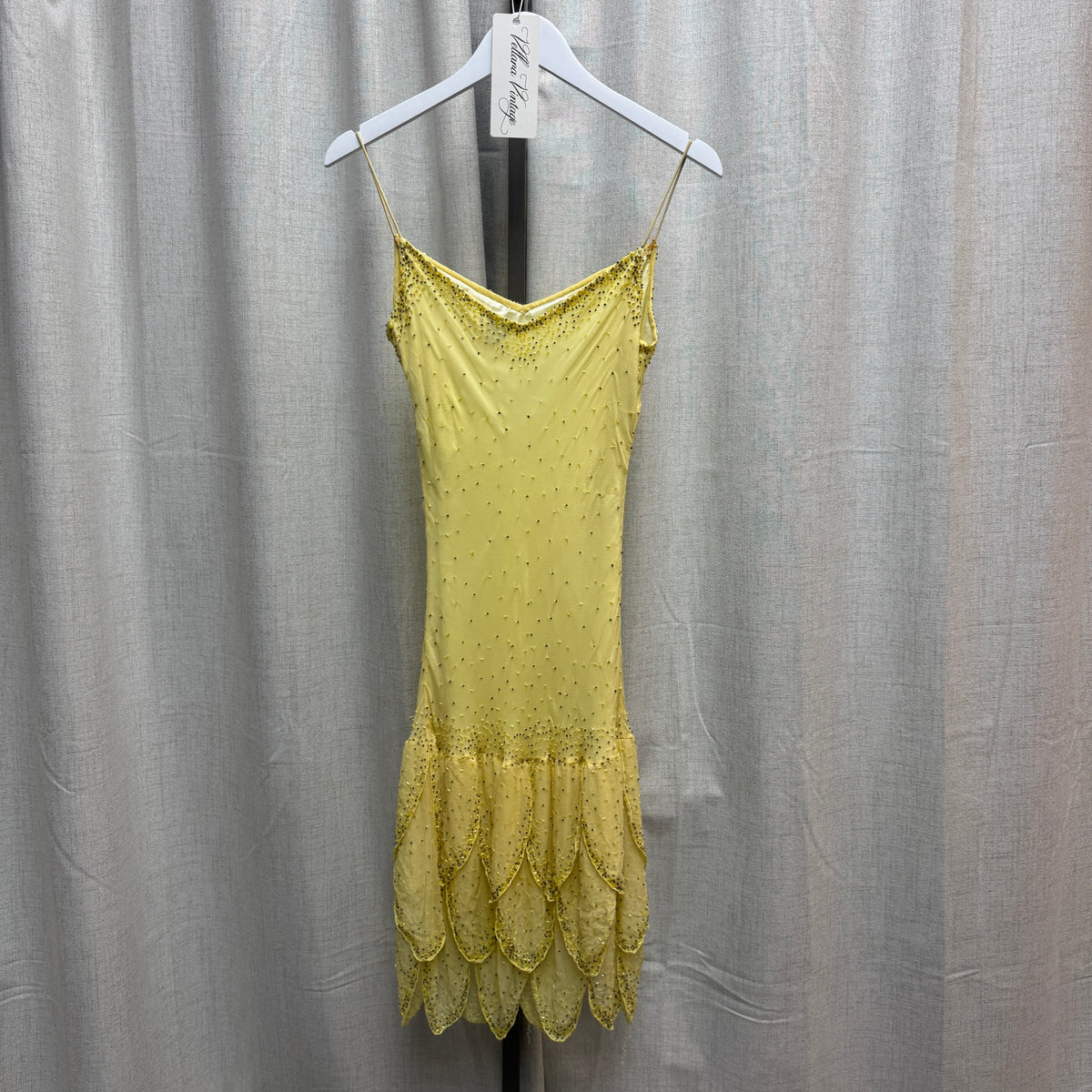 Yellow Silk Beaded Tiered Midi Dress