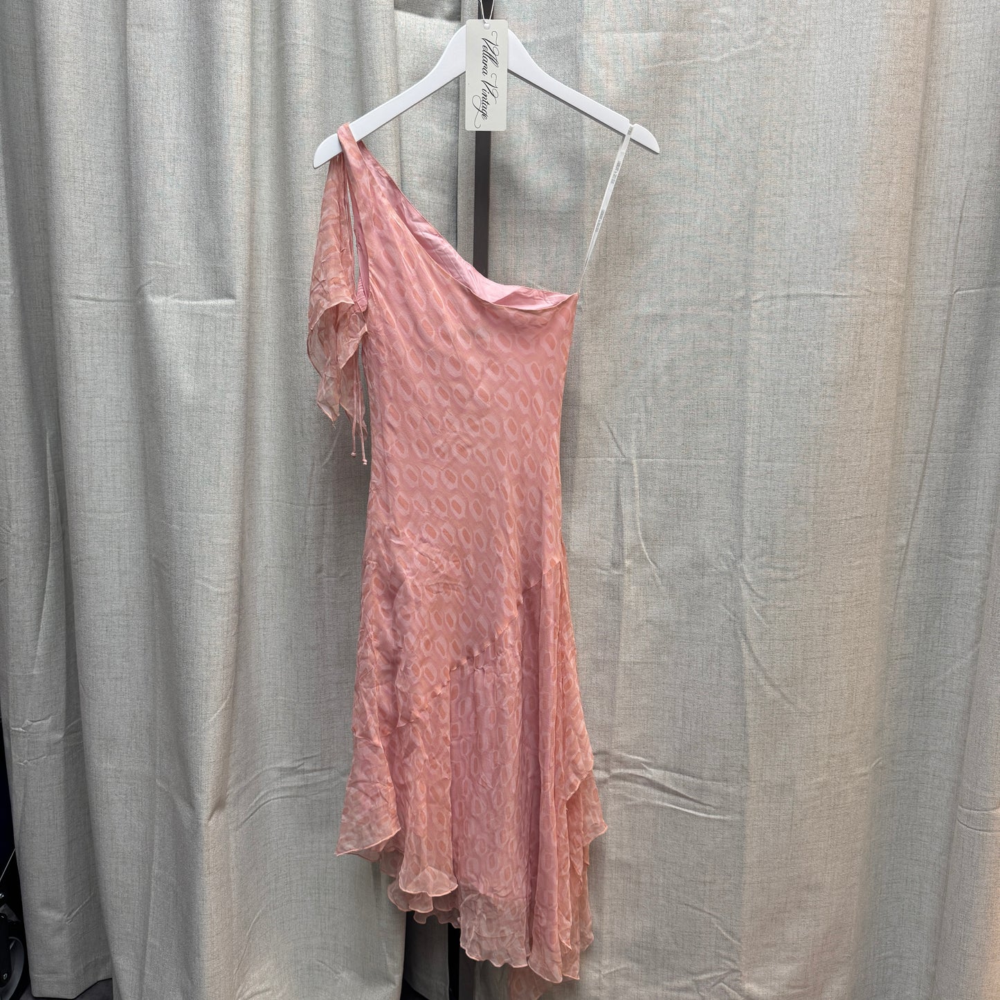 Pink Patterned One Shoulder Silk Midi Dress