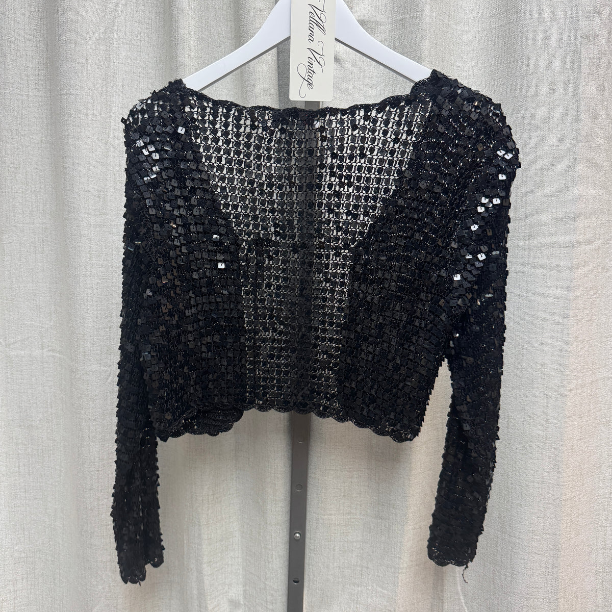 Morgan de Toi Black Sequin Crochet Mini Dress and Cardigan Set