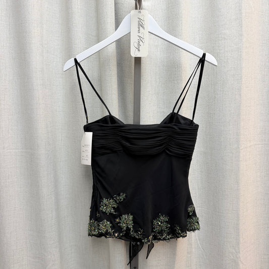 Black 100% Silk Front Tie Top with Green Beading