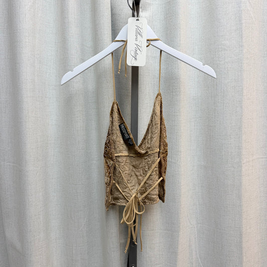 Passport Tan Crushed Velvet Beaded Open-back Halter Top