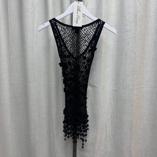 Black Crochet Tank Top w/ Floral Appliqués and Hanging Beads