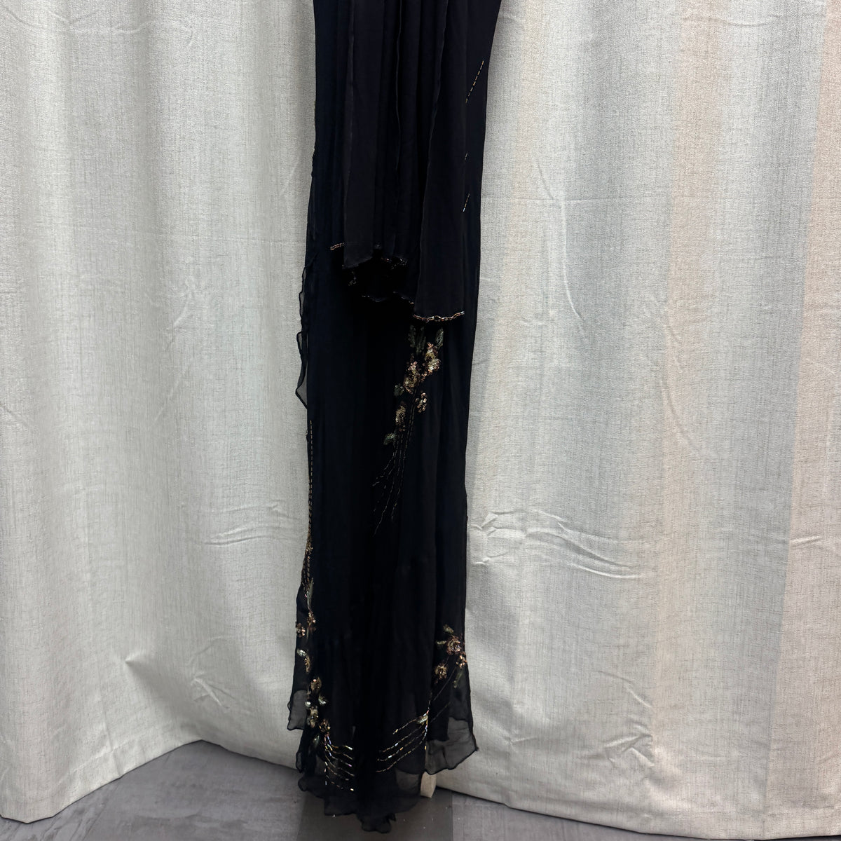 Black Silk Floral Beaded Maxi Dress w/ Scarf