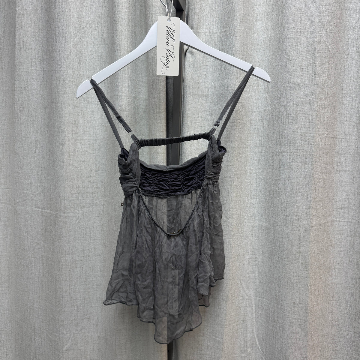 Gray Silk Ruched Babydoll Open Back Tank Top