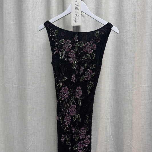 Black Silk Beaded Maxi Dress w/ Purple Floral Design