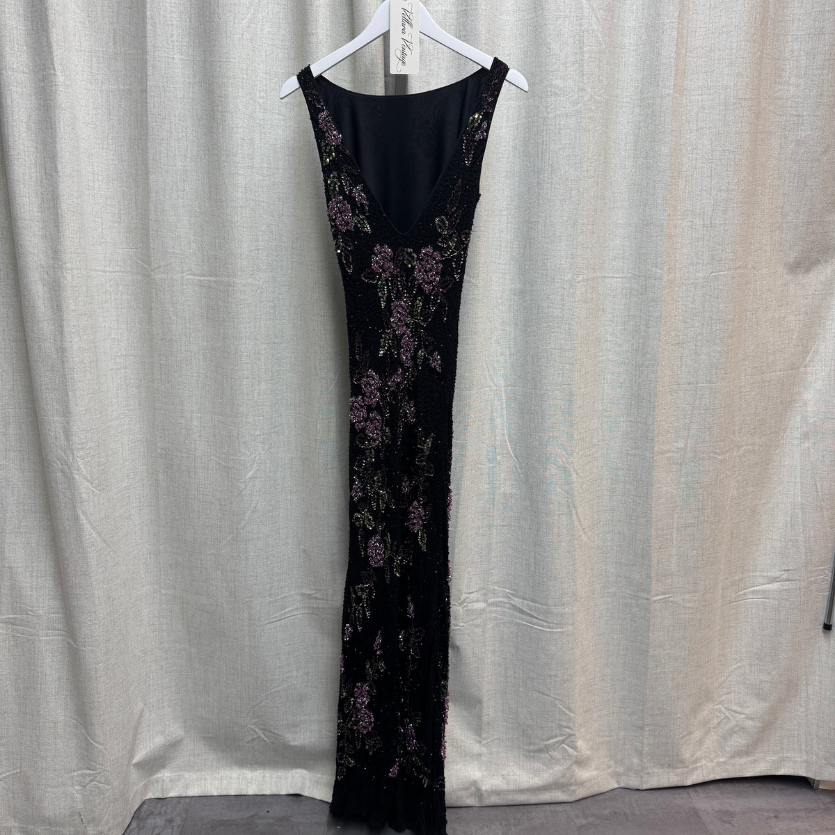 Black Silk Beaded Maxi Dress w/ Purple Floral Design