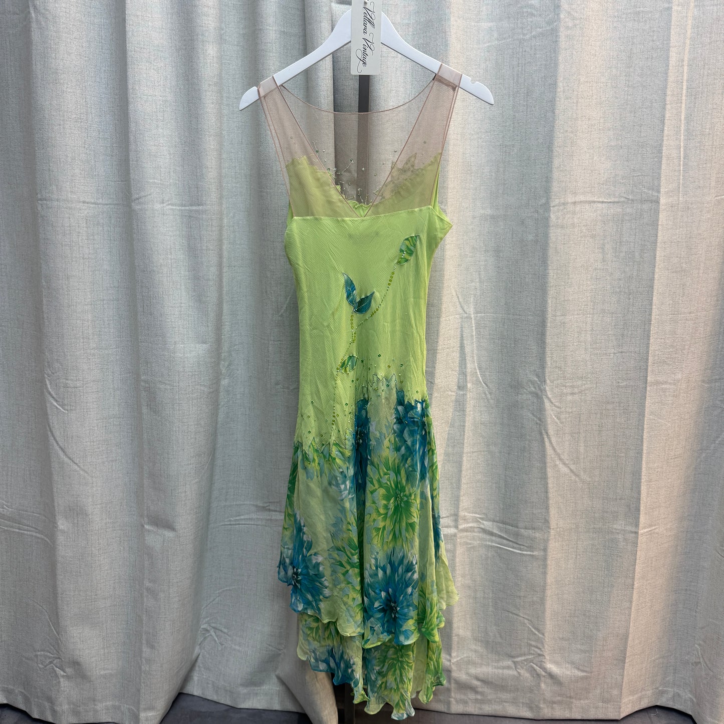 Sleeveless Mesh Light Green Floral Sequin Midi Dress BCBG