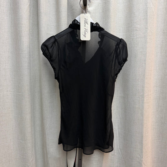 San'ge 100% Silk Black Sheer Ruffled Collar Blouse