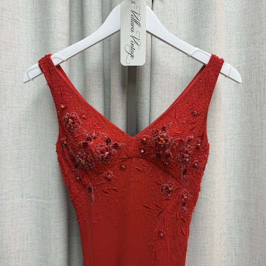 J. Arggido Red 100% Silk Beaded Maxi Dress