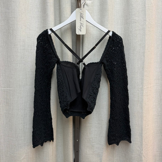 GF Ferre Black Crochet Long Sleeve Corset Top