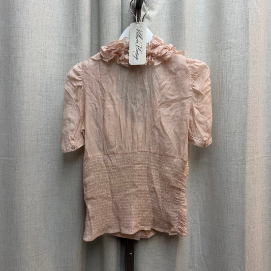 Baby Pink Ruched Button Down Blouse w/ Ruffled Collar