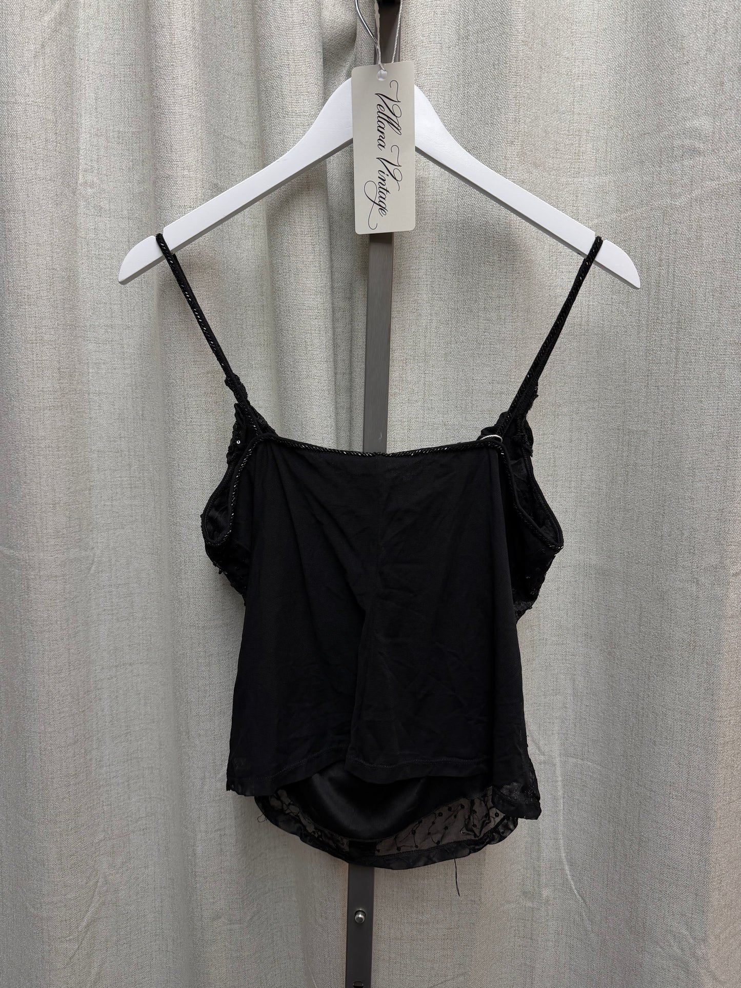 Black Beaded Mesh Tank with Rosettes