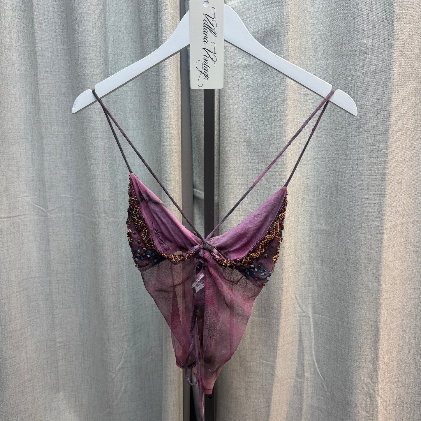 Purple Sheer Beaded Lace-Up Tank Top