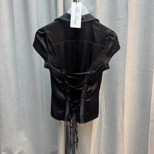 Chocolate Brown Satin Lace-Up Button Down Blouse