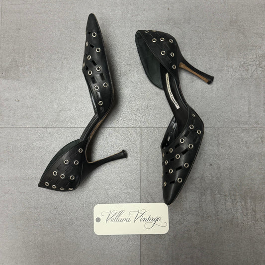 Manolo Blahnik Black d'Orsay Pumps with Silver Grommets