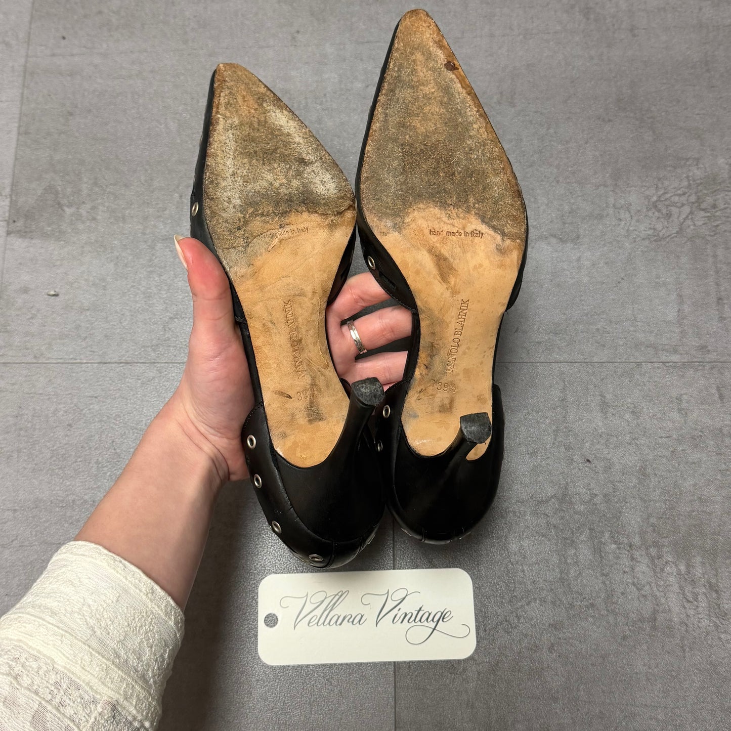 Manolo Blahnik Black d'Orsay Pumps with Silver Grommets