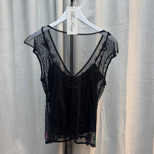 Black Layered Sheer Beaded Floral Short Sleeve Blouse