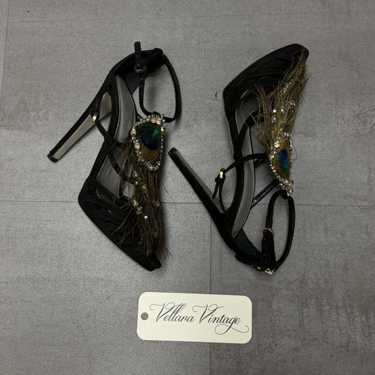 Sergio Rossi Black Suede Crystal and Peacock Pumps