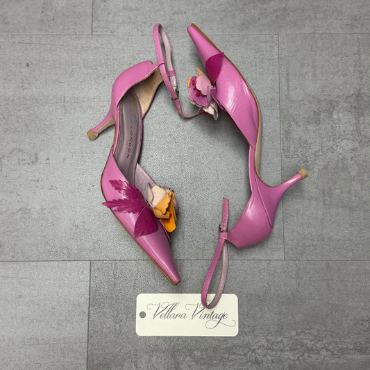 Pink Floral Pointed-Toe Leather Heels