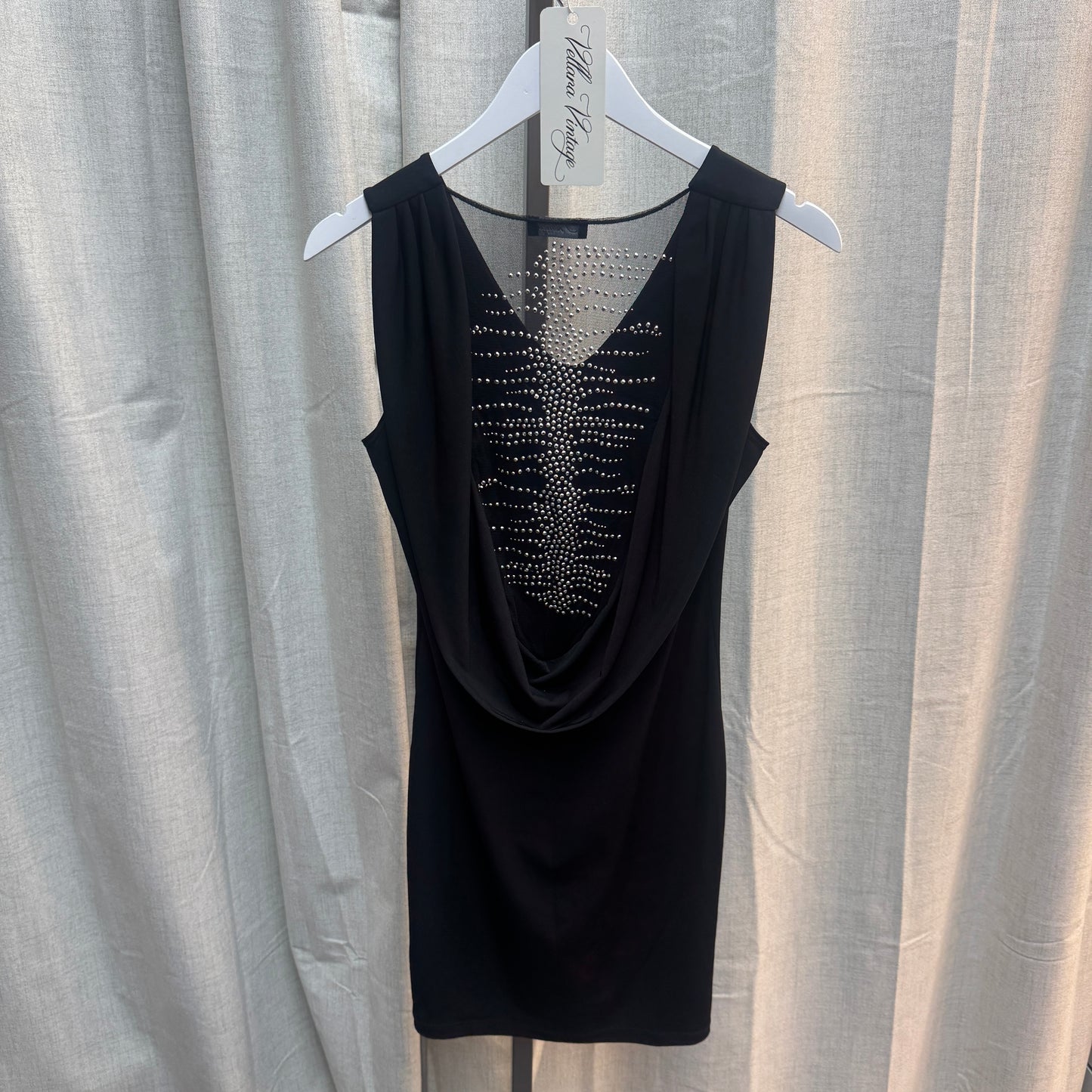 Black Mesh Backless Beaded Rib Design Mini Dress