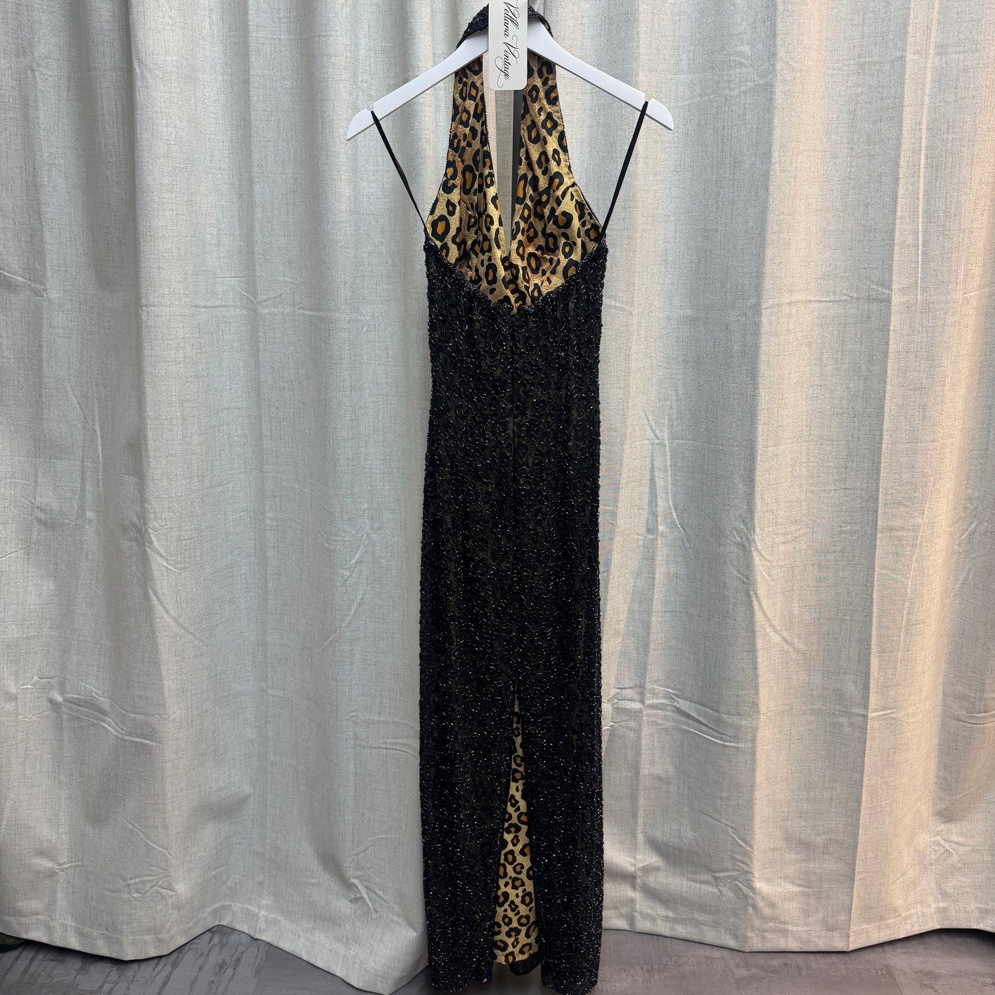 Black Beaded Silk Halter Maxi Evening Gown